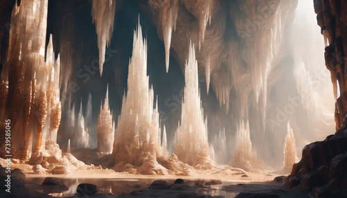 Gleaming Selenite Towers in a Desert Cave, resembling an alien cityscape under the stark sunlight