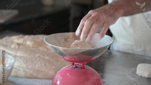 panettiere prepara l'impasto ed i panetti per le pizze photo