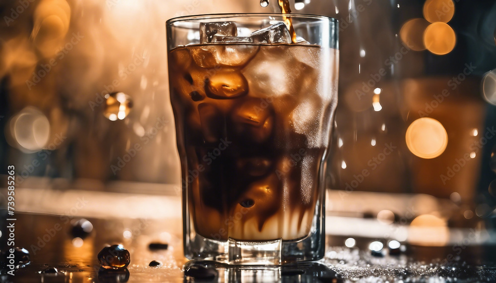  Iced Coffee with Droplets, macro shot of ice cubes and coffee, with light reflecting and creating - obrazy, fototapety, plakaty 