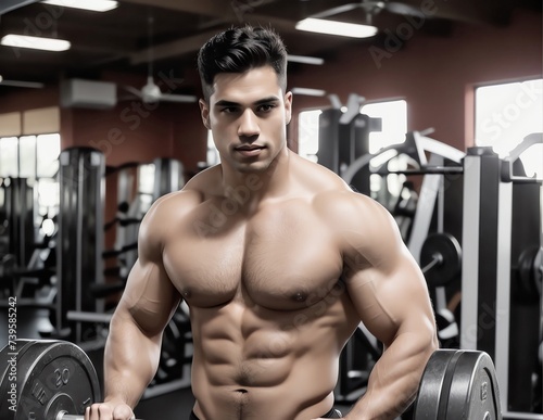Bodybuilder Fitness Body Muscle Fit gym. A confident bodybuilder in gym. Well-defined physique, beard, sports outfit, and direct gaze. Gym equipped with various exercise machines © Sytac