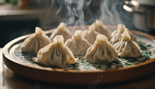 Homemade Dumplings on a Ceramic Plate, a delicate pleat in each, steam rising, set against the warmth photo