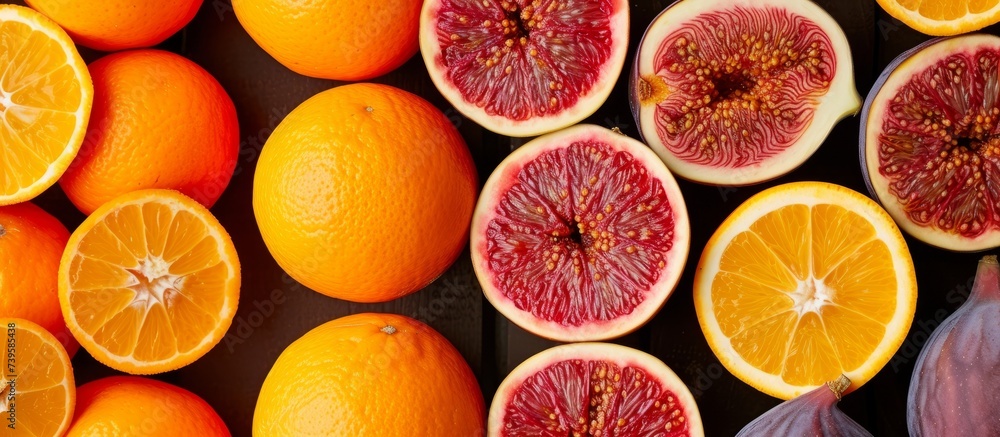 Fresh juicy oranges and a half of a grape, vibrant fruits on a rustic wooden table Fresh juicy oranges and a half of a grape, vibrant fruits on a rustic wooden table