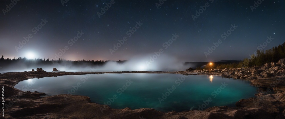 Magical Hot Springs, with steam rising into a crisp night sky, the stars reflecting in the mineral