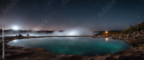 Magical Hot Springs, with steam rising into a crisp night sky, the stars reflecting in the mineral