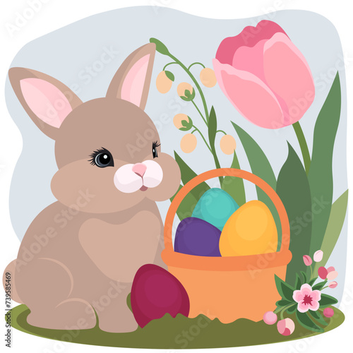 Easter bunny and easter eggs. Background with flowers.