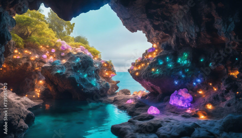 Magical Grotto with Bioluminescent Stones, the walls aglow with an otherworldly 