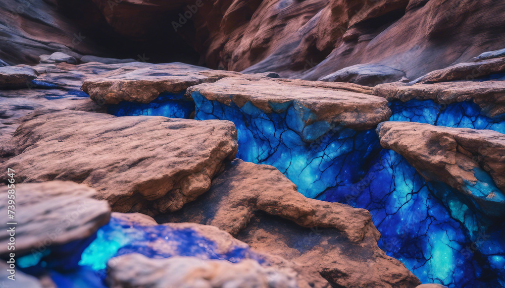 Neon Azurite Veins Running Through a Rock Formation, the brilliant blues standing out against