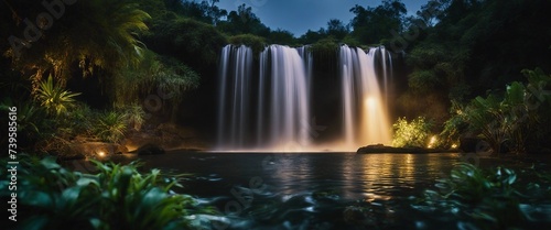 Mystical Waterfall Oasis  with moonlight casting ethereal glows over the cascading water 