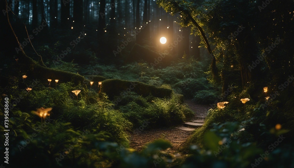 Secret Garden at Midnight, a hidden grove illuminated by the soft light of glow worms