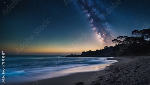 Sapphire Starlight Bay  a coastal scene where bioluminescent algae mimic the starry sky above.