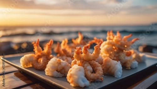 Seafood Tempura, with scallops and squid, set before the soft-focus seascape of a coastal Japanese
