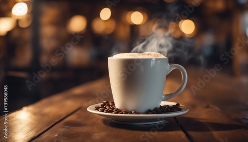 Steamy Coffee Mug, on a rustic café table, with a blurred background of a cozy, book-lined coffee