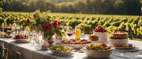 Summer Vineyard Brunch, a sunlit brunch scene set amidst a vibrant vineyard during the peak
