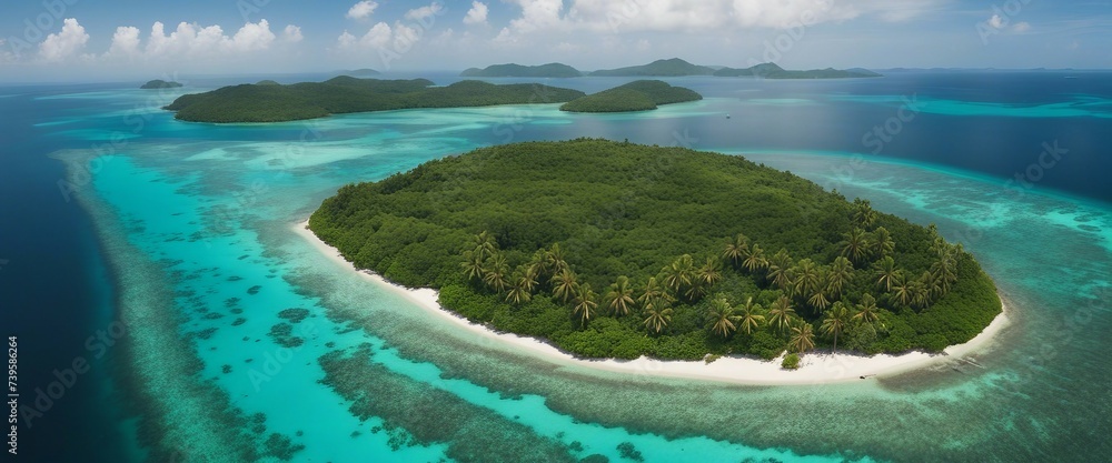 Tropical Island Aerial, the turquoise waters surrounding a lush green island, with coral reefs