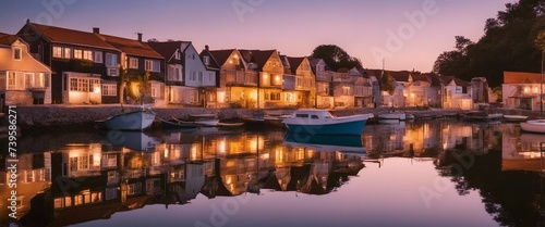 Tranquil Seaside Village at Dawn, the quaint houses and boats reflecting in the still water