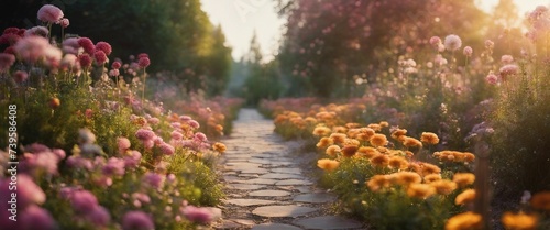 Whimsical Garden Pathway, lined with glowing flowers leading to a soft-focus, dreamlike horizon photo