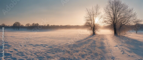 Winter Sunrise Over a Snow-Covered Field  with the snow glistening and the bare trees casting 