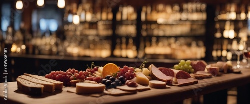 A lavish charcuterie board stretches across the frame, with the soft, romantic blur of a wine bar photo