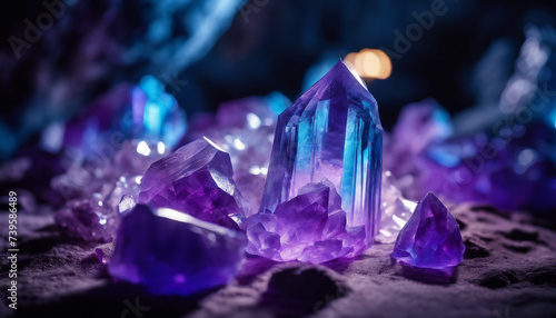 A crystal cave with neon blue and purple lighting, highlighting the sharp edges of the crystals photo