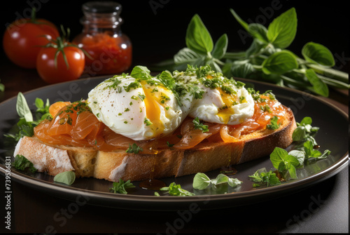 Healthy breakfast. Rustic bruschetta with salmon, poached egg, spinach on a black plate on dark table.
