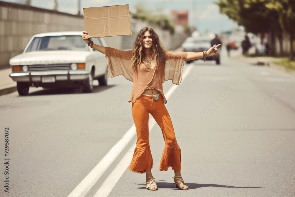Young hippie woman hitchhiker stands on street and holds cardboard sign on sunny summer day. Lady went on trip alone, trying to stop passing car. Travel concept Young hippie woman hitchhiker stands on street and holds cardboard sign on sunny summer day. Lady went on trip alone, trying to stop passing car. Travel concept
