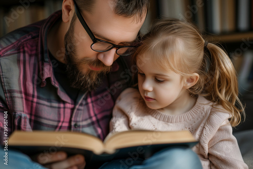 Teaching to Read, Father and Daughter Reading a Book, Family Learning in a Home Library