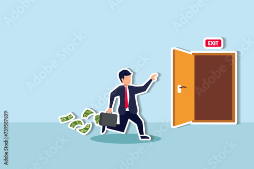 Prevent losses Escape market drops, sell timely for profit, exit with funds to evade financial crisis concept, success businessman investor run away with his profit money to exit door