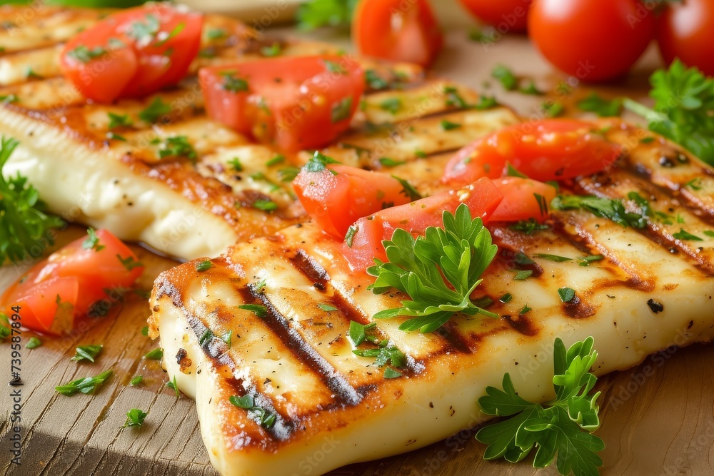 Grilled halloumi cheese with tomatoes and parsley Grilled halloumi cheese with tomatoes and parsley