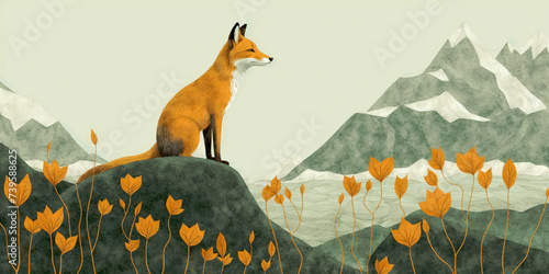 Stylized illustration of a fox on a hill with autumn leaves and distant mountains photo