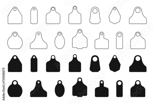 Eartags for cattle. Set of empty identification labels for farm animals isolated on white background. Collection of earmark mockups for livestock. Pets ID tags. Vector flat and outline illustration.