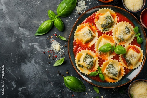 Italian ravioli with spinach and ricotta served with tomato sauce cheese and basil photo