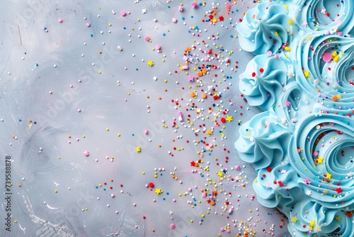 Grey background with blue buttercream cake sprinkled with colorful toppings