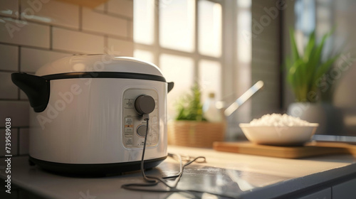 The power cord of a rice cooker plugged into a wall outlet ready to cook a batch of rice. photo