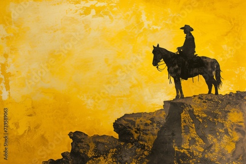 Silhouette of cowboy riding in a yellow sky on a mountain