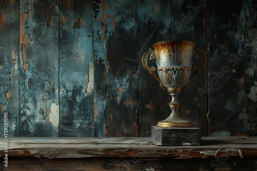 Still life photography Vintage trophy on weathered wood with dark backdrop showcasing artistry photo