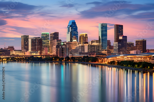 Evening Twilight: An Illuminated FZ Metropolitan Skyline with Spectacular Water Reflections