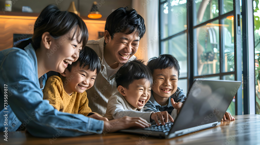 Happy asian parents and three kids enjoying online entertainment with laptop, using Internet technology, application, communication, looking at computer screen together, laughing Happy asian parents and three kids enjoying online entertainment with laptop, using Internet technology, application, communication, looking at computer screen together, laughing