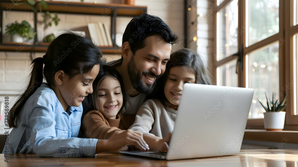 Happy latin parents and two kids enjoying online entertainment with laptop, using Internet technology, application, communication, looking at computer screen together, laughing Happy latin parents and two kids enjoying online entertainment with laptop, using Internet technology, application, communication, looking at computer screen together, laughing