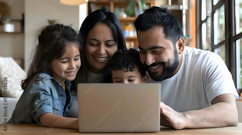Happy latin parents and two kids enjoying online entertainment with laptop, using Internet technology, application, communication, looking at computer screen together, laughing Happy latin parents and two kids enjoying online entertainment with laptop, using Internet technology, application, communication, looking at computer screen together, laughing