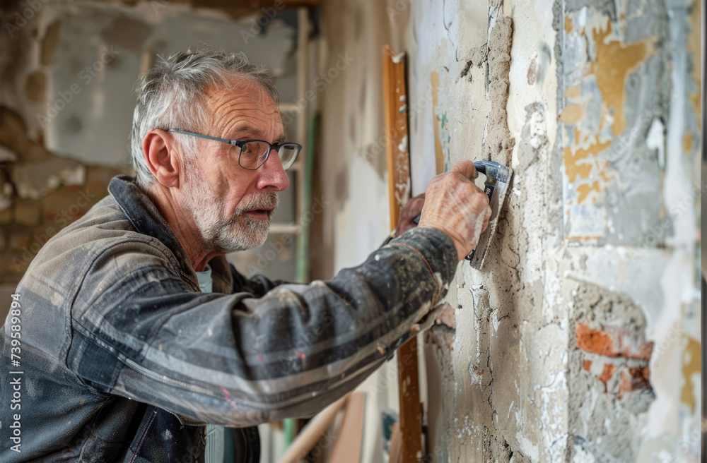 Mature man plastering a wall with a spatula in the room Mature man plastering a wall with a spatula in the room