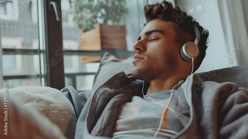 handsome young man relaxing with closed eyes on the couch with headphones listening to music or podcast. attractive male sleeping on the sofa with airpods. Me time. Mindfulness