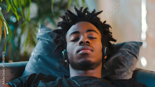 handsome african american young man relaxing with closed eyes on the couch with headphones listening to music or podcast. attractive black male sleeping on the sofa with airpods. Me time. Mindfulness