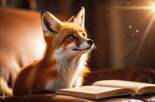 Portrait of a red fox lying on a sofa and reading a book