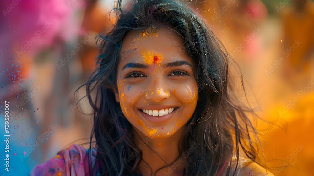 Holi Festival Of Colours. Young Indian woman with a joyful expression covered with colorful Holi powder and smiling brightly. Powder paint in in Goa Kerala - obrazy, fototapety, plakaty 