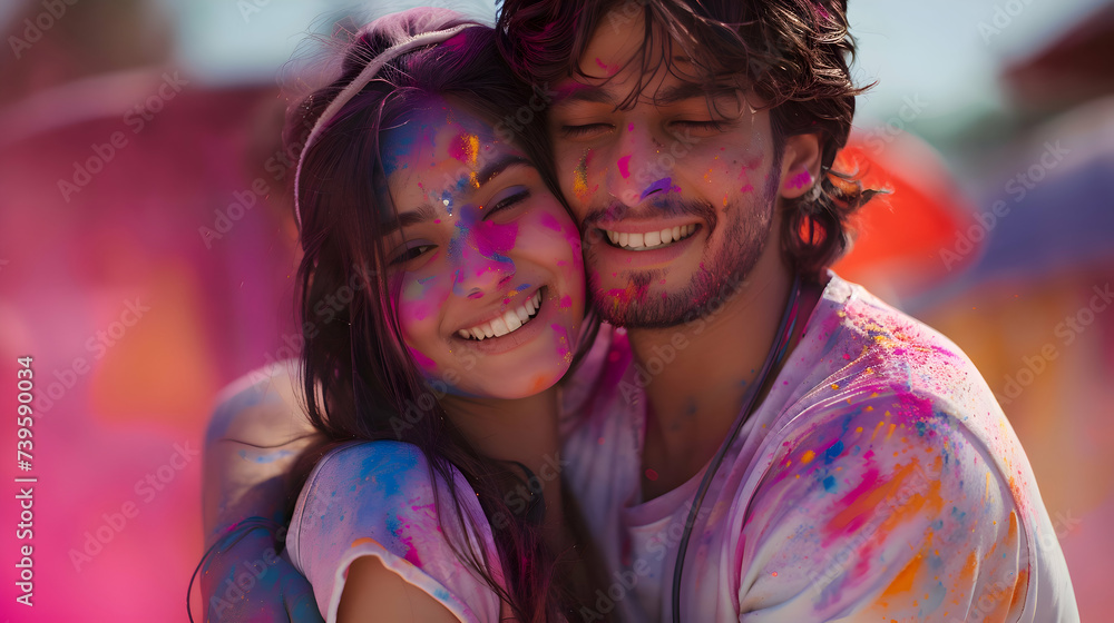 Holi festival of colours. beautiful indian Couple covered with colorful Holi powder hugging joyfully at Holi festival, summer party or music festival