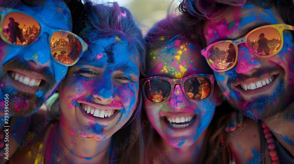 Obraz premium group of friends covered with colorful Holi powder at Holi festival. Holi Festival Of Colours. Happy group of friends having fun in crowd at Holi, summer party or music festival