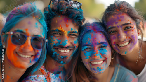 group of friends covered with colorful Holi powder at Holi festival. Holi Festival Of Colours. Happy group of friends having fun in crowd at Holi, summer party or music festival