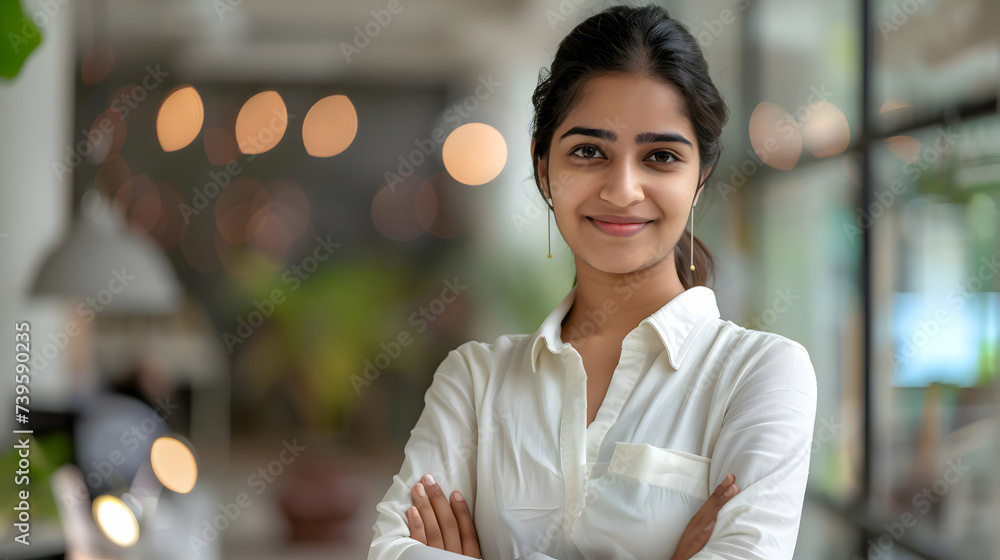 Positive beautiful young indian business woman posing in office with hands folded, looking at camera with toothy smile. Happy female entrepreneur, professional, worker girl head shot portrait - obrazy, fototapety, plakaty 