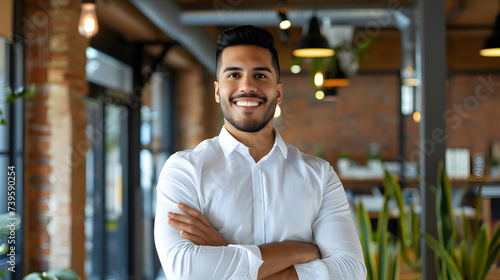 Positive beautiful young hispanic business man posing in office with hands folded, looking at camera with toothy smile. Happy latin male entrepreneur, corporate head shot portrait photo