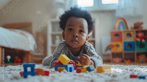 Beautiful african american toddler boy playing with bricks in the living room. Black child lying on the floor and playing with toys indoor. Gentle parenting. 